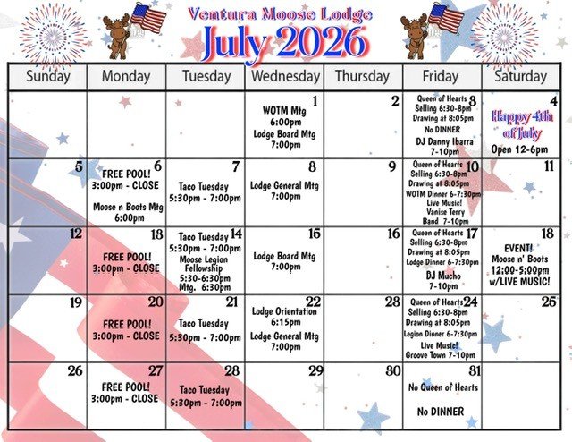 Ventura Moose Lodge July Calendar