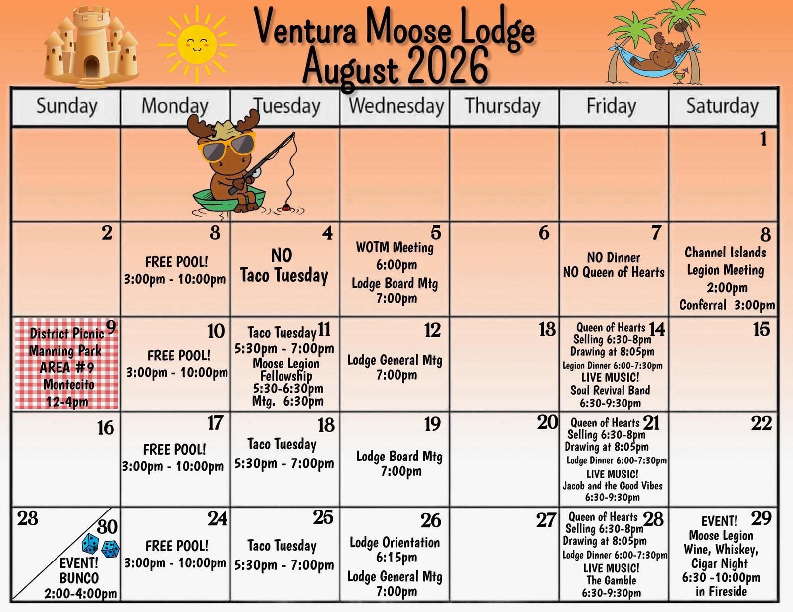 Ventura Moose Lodge August 2026 Calendar